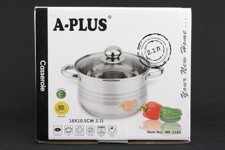 Каструля з нержавіючої сталі зі скляною кришкою 2,1 л A-Plus WK-2165 2165ap фото