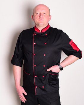 Китель повара мужской с карманами (коттон, черный с красным, р.42-64) Мария Марія-0859-64 фото