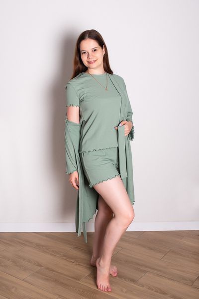 Женский домашний комплект (халат + футболка + шорты) 44-50р рубчик хаки дк-1015-х-50 фото