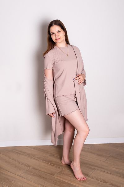 Женский домашний комплект (халат + футболка + шорты) 44-50р рубчик хаки дк-1015-х-50 фото